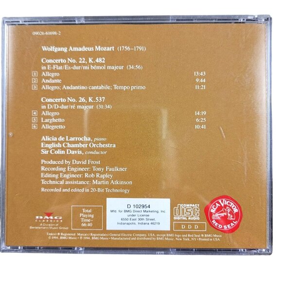 Alicia De Larrocha Mozart Piano Concertios 22 & 26 Music CD - 37116cd - Picture 2 of 2